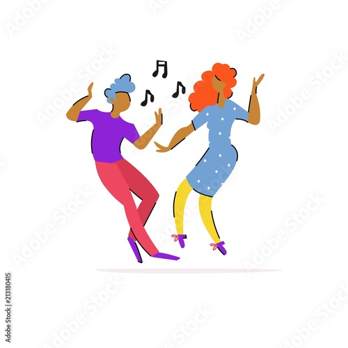 Vector cute illustration with dancing couple. Cartoon man and woman.