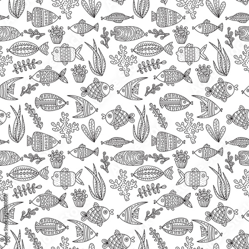 Seamless pattern with cute fishes and seaweeds