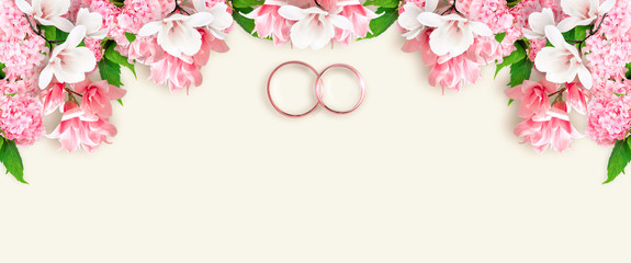 Magnolia  with hydrangea flowers and bridal rings for wedding with place for your text
