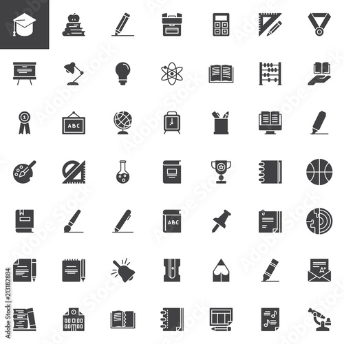 Education vector icons set, modern solid symbol collection, filled style pictogram pack. Signs, logo illustration. Set includes icons as Graduation cap, Apple with book, School bag, Pencil, Whiteboard