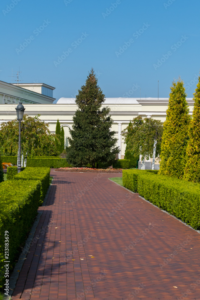 a wide cobbled alley with rectangular bushes along the edges against the background of firs and thujas