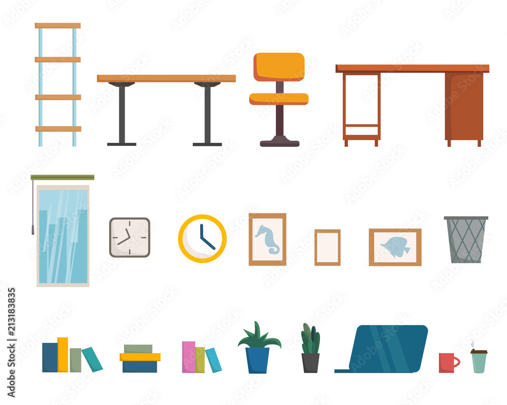 Office furniture and interior objects collection SET, room design, cartoon flat stile. Vector illustration Office furniture and interior objects collection SET, room design, cartoon flat stile. Vector illustration
