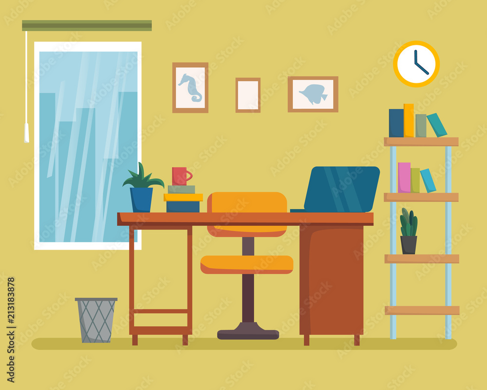 The workplace interior cartoon design with furniture, bookshelf. Freelancer, designer office workstation. Business concept flat style cartoon vector illustration The workplace interior cartoon design with furniture, bookshelf. Freelancer, designer office workstation. Business concept flat style cartoon vector illustration