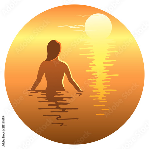 naked girl standing in the sea at sunset