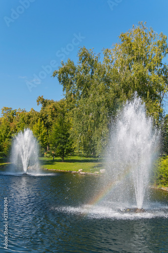 transparent fountains beating from the waters of a pond with green beaches