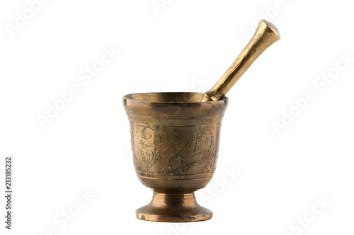 Konstfotografi Vintage bronze mortar with pestle on white