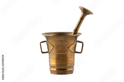 Vintage bronze mortar with pestle on white photo