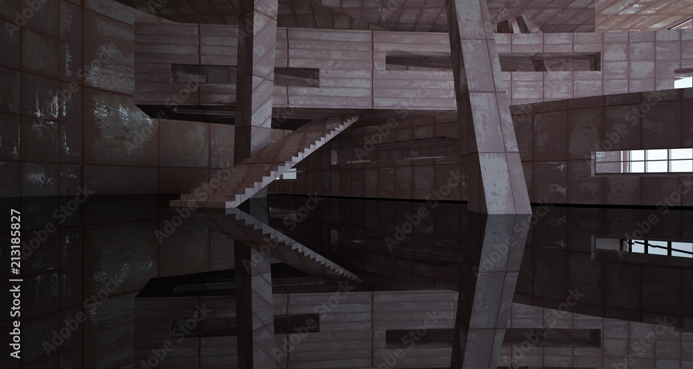 Empty smooth abstract room interior of sheets rusted metal with gray concrete. Architectural background. 3D illustration and rendering