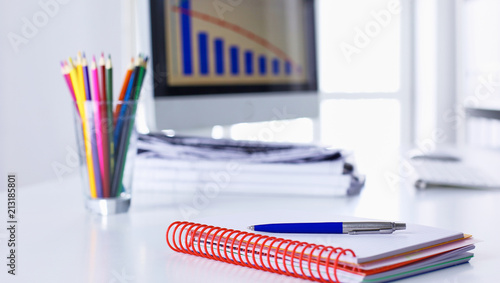 Workspace presentation mockup, Desktop computer and office supplies on marble desk