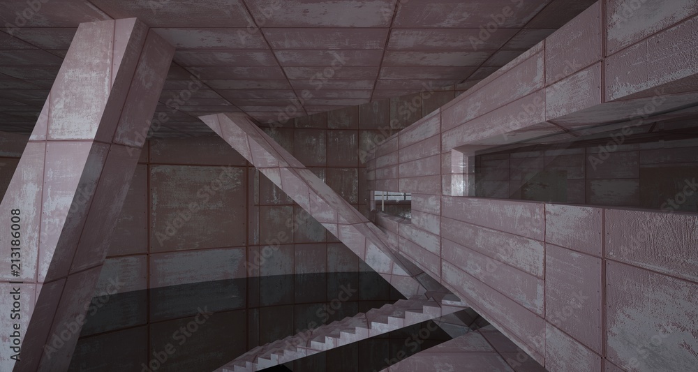 Fototapeta premium Empty smooth abstract room interior of sheets rusted metal with gray concrete. Architectural background. 3D illustration and rendering