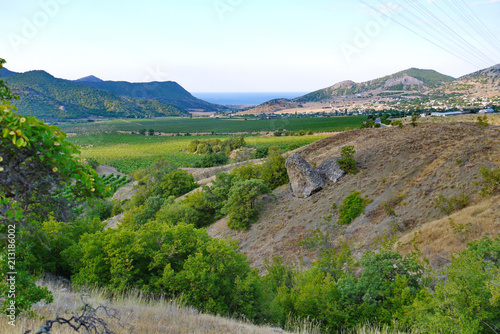 Tableau sur toile A charming landscape of mountainous terrain with green grass and trees