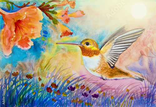  Landscape original painting on paper colorful of hummingbird