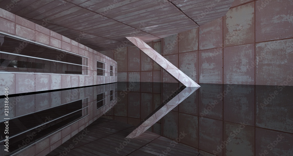 Empty smooth abstract room interior of sheets rusted metal with gray concrete. Architectural background. 3D illustration and rendering Empty smooth abstract room interior of sheets rusted metal with gray concrete. Architectural background. 3D illustration and rendering