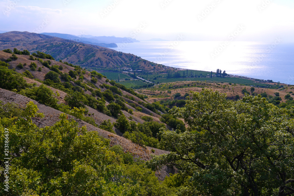 gray high hills with a small town and green vineyards in the valley on the seafront