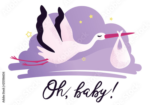 Vector illustration of a baby shower Invitation with stork