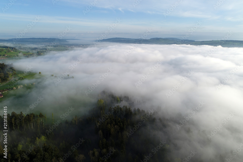 Obraz premium Aerial view of the hilly landscape in central Switzerland on a beautiful spring morning with some morning fog