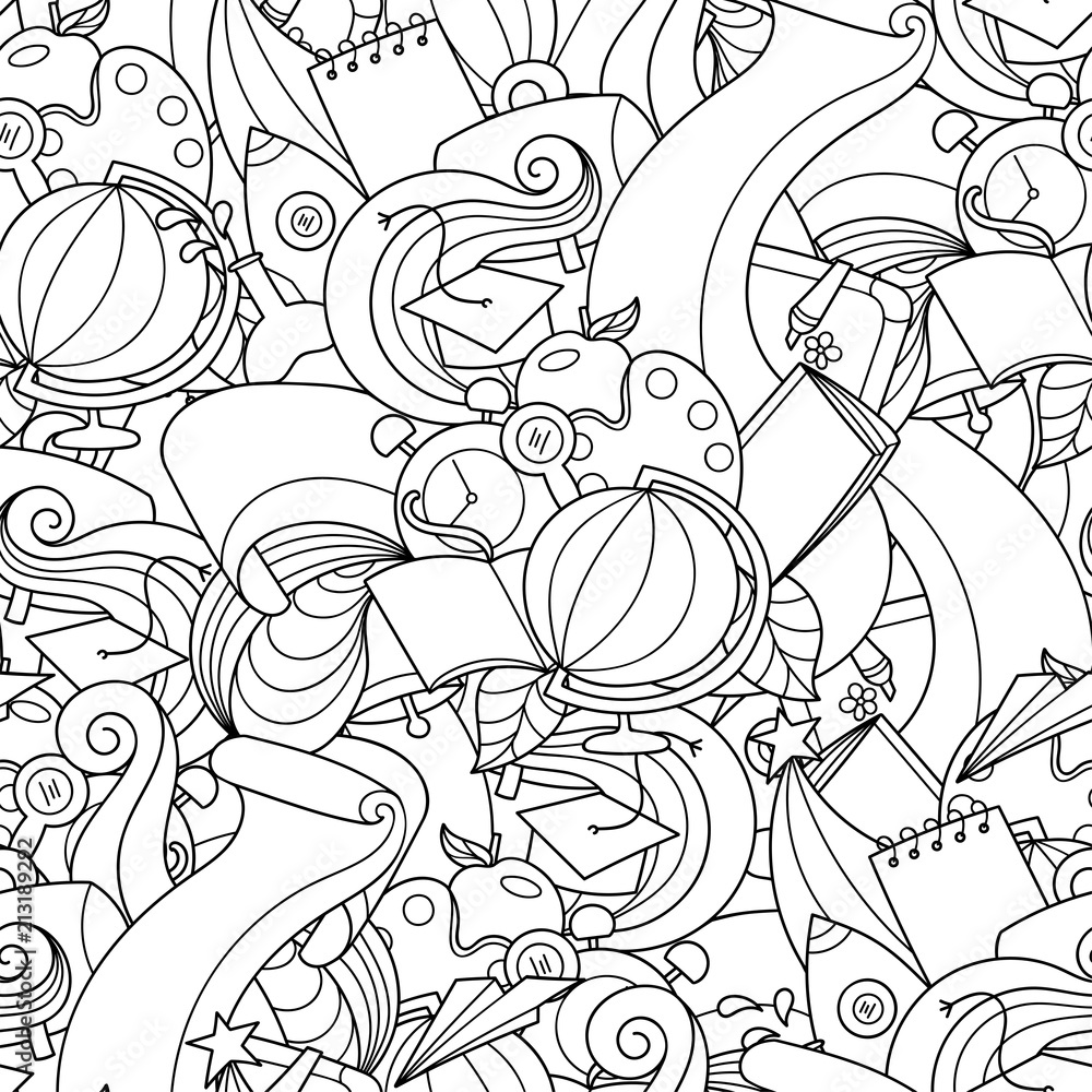 Doodle Back to school seamless pattern. School objects for coloring and design. Easy to change color. Vector background.
