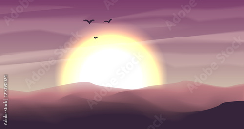 Desert panoramic landscape with dunes and sunset, sundown in blue and magenta colors. Calm desert background, dune and hills. Game deserts scene with big sun and clouds