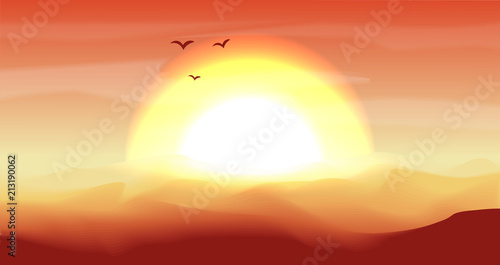 Hot red and orange empty desert panoramic landscape with dunes and bright sunset, sundown in gold yellow colors. Calm desert background, dune and hills. Game deserts scene with big sun, birds and