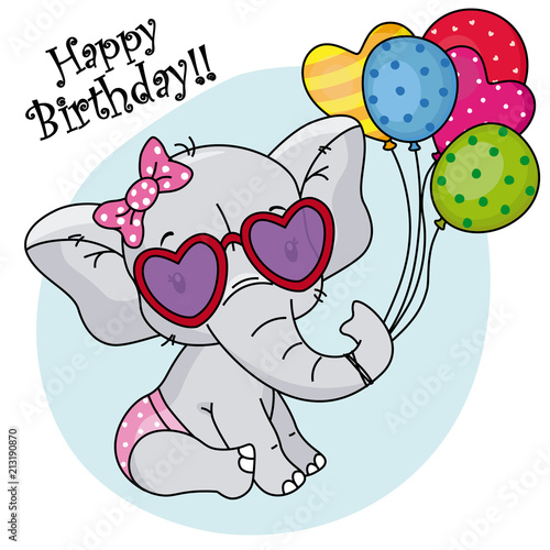 cute elephant with sunglasses and balloons for birthday party