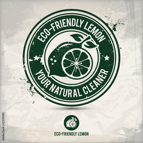 alternative eco friendly lemon stamp containing: two environmentally sound eco motifs in circle frames, grunge ink rubber stamp effect, textured paper background, eps10 vector illustration
