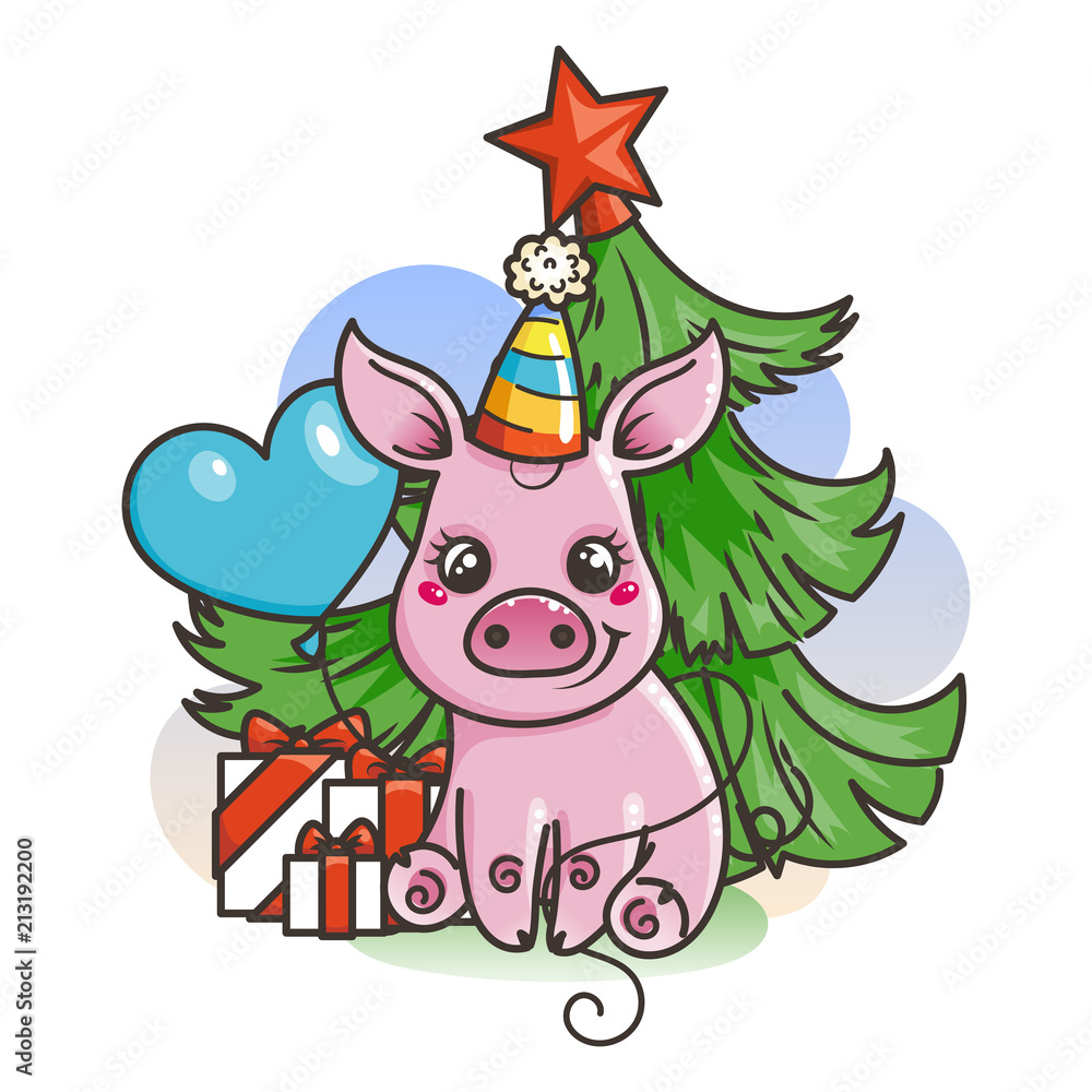 Naklejka premium Happy New 2019 Year card with cartoon baby pig. Small symbol of holiday.