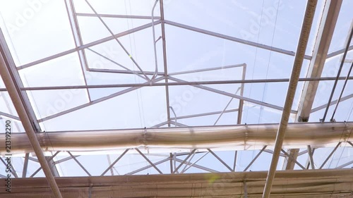 Wallpaper Mural View of upwards through the top of industry greenhouse, watering lines and lighting equipment in a nursery for growing flowers in industrial greenhouse, greenhouse inside Torontodigital.ca