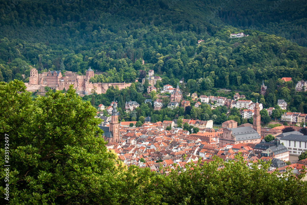 Ausblick vom Philosophenweg auf die Altstadt von Heidelberg mit dem Schloss und der Heiliggeistkirche, Baden Württemberg, Deutschland