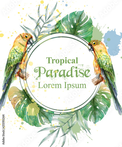 Tropical paradise frame with parrots and palm leaves watercolor Vector illust...