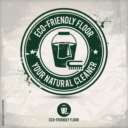 alternative eco friendly floor stamp containing: two environmentally sound eco motifs in circle frames, grunge ink rubber stamp effect, textured paper background, eps10 vector illustration