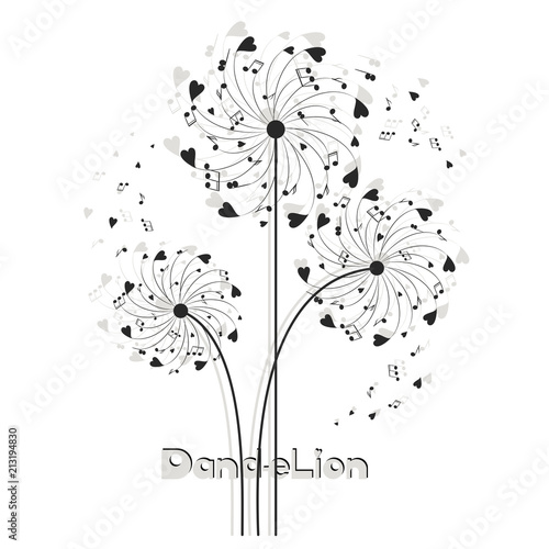 Musical dandelion from hearts and notes. Flying in the wind, the parachutes from hearts and notes. Logo, emblem, poster. The word and the silhouette of a dandelion on a white background.  