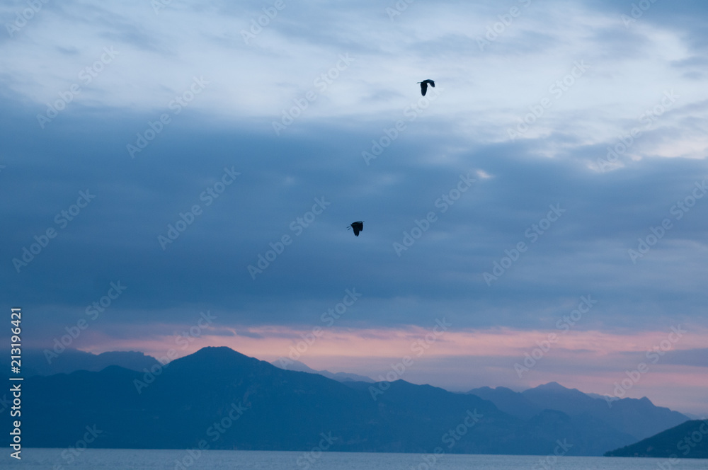 Sunrise on the lake. Panorama of the early morning. mountain in silhouettes and the rays of the rising sun. Birds flying in the sky. Sunrise on Lake Garda, Italy