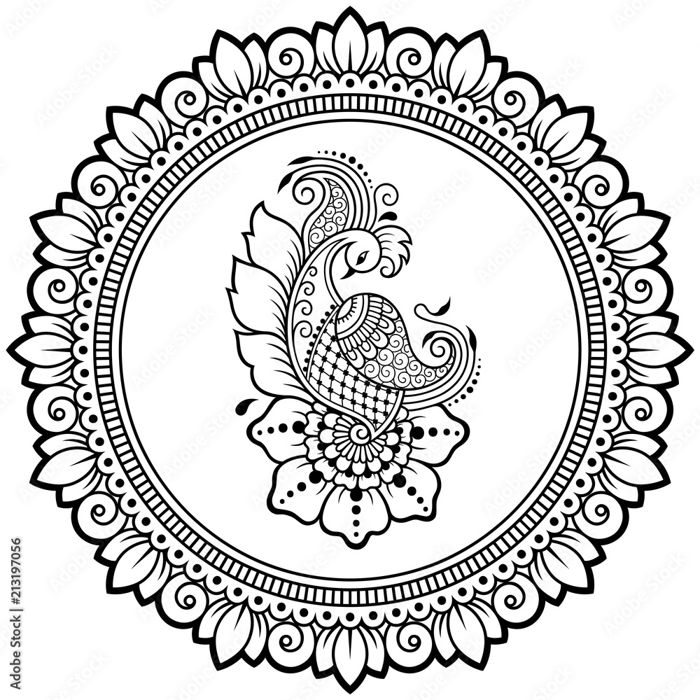 Circular pattern in form of mandala with bird template - Peacock for Henna,  Mehndi, tattoo, decoration. Decorative ornament in ethnic oriental style.  Coloring book page. Stock Vector | Adobe Stock