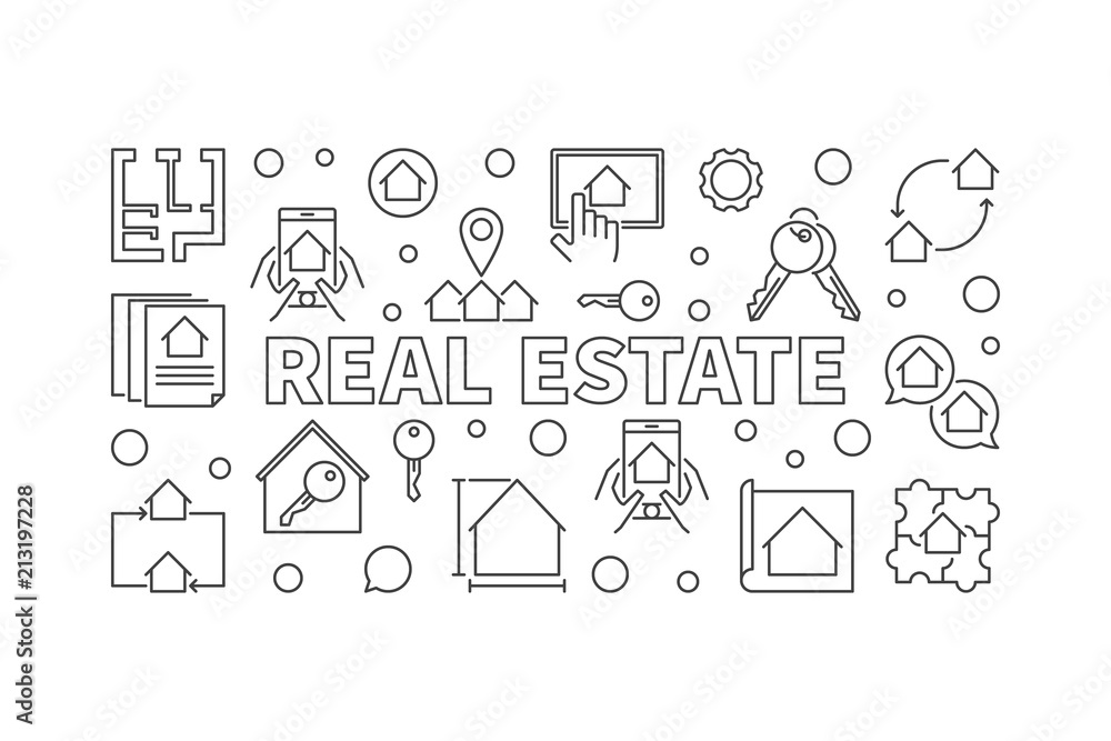 Real Estate vector horizontal banner in outline style Real Estate vector horizontal banner in outline style