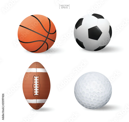 Vector realistic sports ball set. Basketball, Soccer football, American football and golf isolated on white background. Vector.