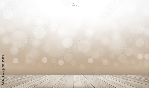 Wooden deck or wooden terrace with light blurred bokeh background used for montage or display product. Outdoor background with perspective wood pattern and texture. Vector.