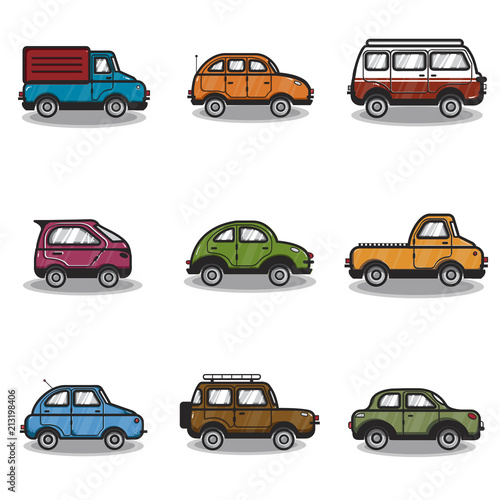 Collection of cars and trucks illustration