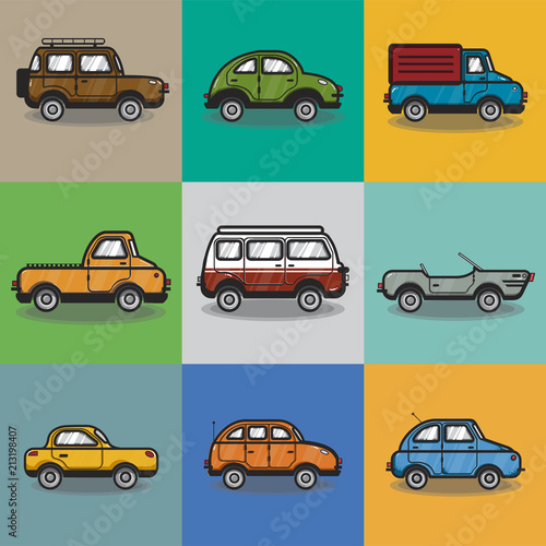 Collection of cars and trucks illustration