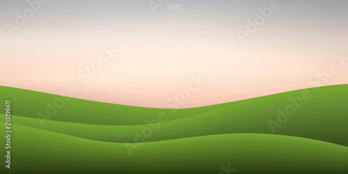 Green grass hill and sunset sky background. Outdoor natural background for template design. Vector.