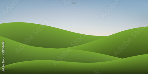 Green grass hill and sunset sky background. Outdoor natural background for template design. Vector.