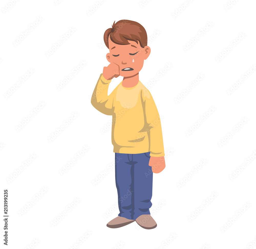 Boy in tears, crying character. Upset kid in yellow sweater, fullbody. Flat vector illustration. Isolated on white background. Boy in tears, crying character. Upset kid in yellow sweater, fullbody. Flat vector illustration. Isolated on white background.