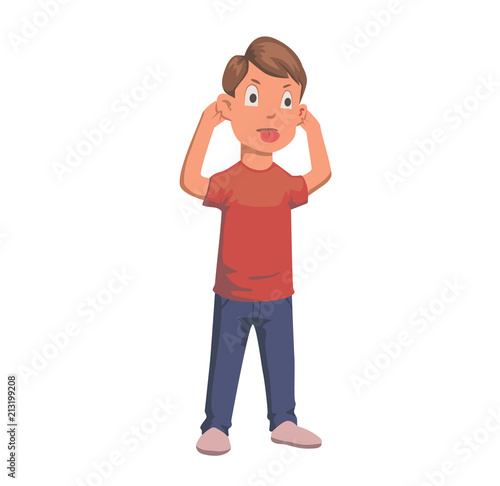 Boy pulling faces and ears with his tongue out character. Flat vector illustration. Isolated on white background.