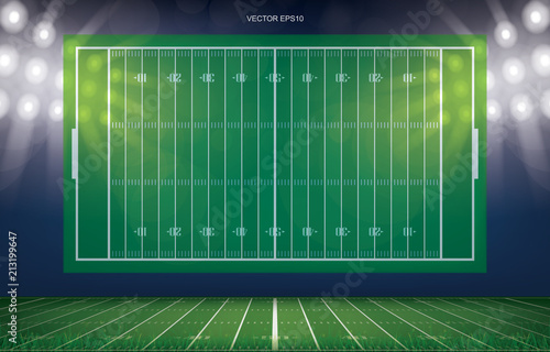Football field stadium background with perspective line pattern of green grass field. Vector.