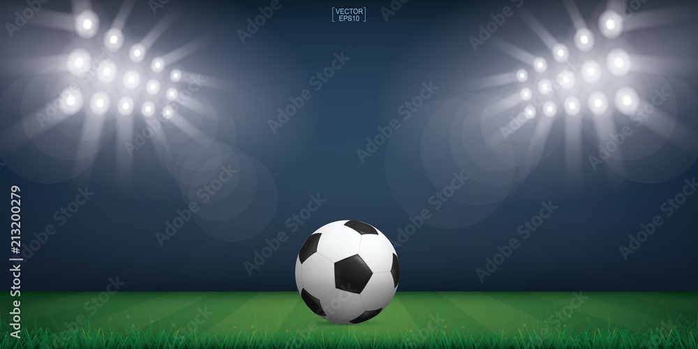 Soccer football ball on green grass of soccer field or football field stadium background. Vector.