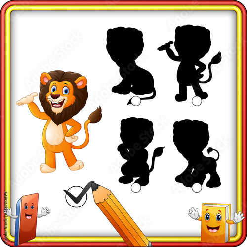 Fototapeta Naklejka Na Ścianę i Meble -  Find the correct shadow. Cartoon funny lion posing. Education Game for Children