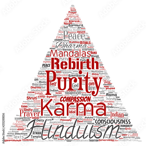 Vector conceptual hinduism, shiva, rama, yoga triangle arrow red word cloud isolated background. Collage of mandalas, samsara, celebration, tradition, peace, compassion, rebirth, karma, dharma concept