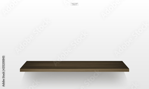 Empty wood shelf on white background with soft shadow. 3D empty wooden shelves on white wall. Vector.