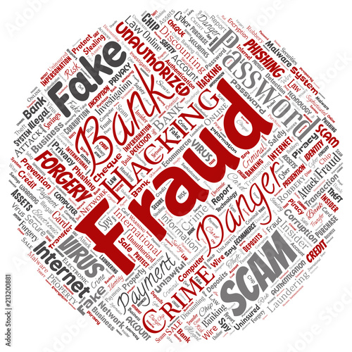 Vector conceptual bank fraud payment scam danger round circle red word cloud isolated background. Collage of password hacking, virus fake authentication, illegal transaction or identity theft concept