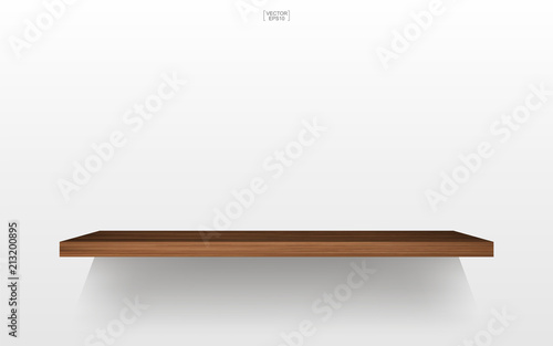 Empty wood shelf on white background with soft shadow. 3D empty wooden shelves on white wall. Vector.