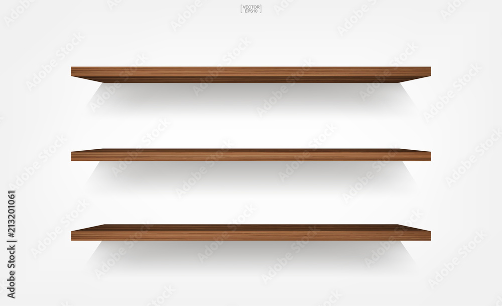 Empty wood shelf on white background with soft shadow. 3D empty wooden shelves on white wall. Vector. Empty wood shelf on white background with soft shadow. 3D empty wooden shelves on white wall. Vector.